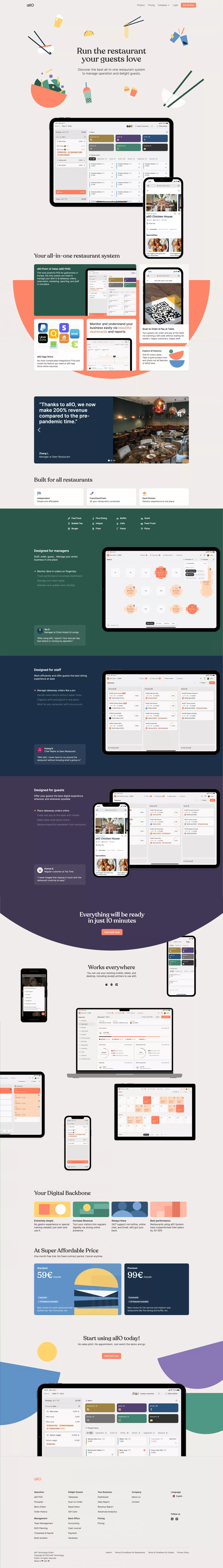 allO - Run the Restaurant Your Guests Lo landing page screenshot showcasing Tech and Food & Drinks design
