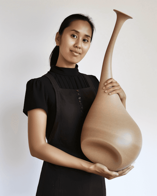 A young woman holding a textured beige ceramic vase with a unique shape, standing against a plain background in a black outfit.
