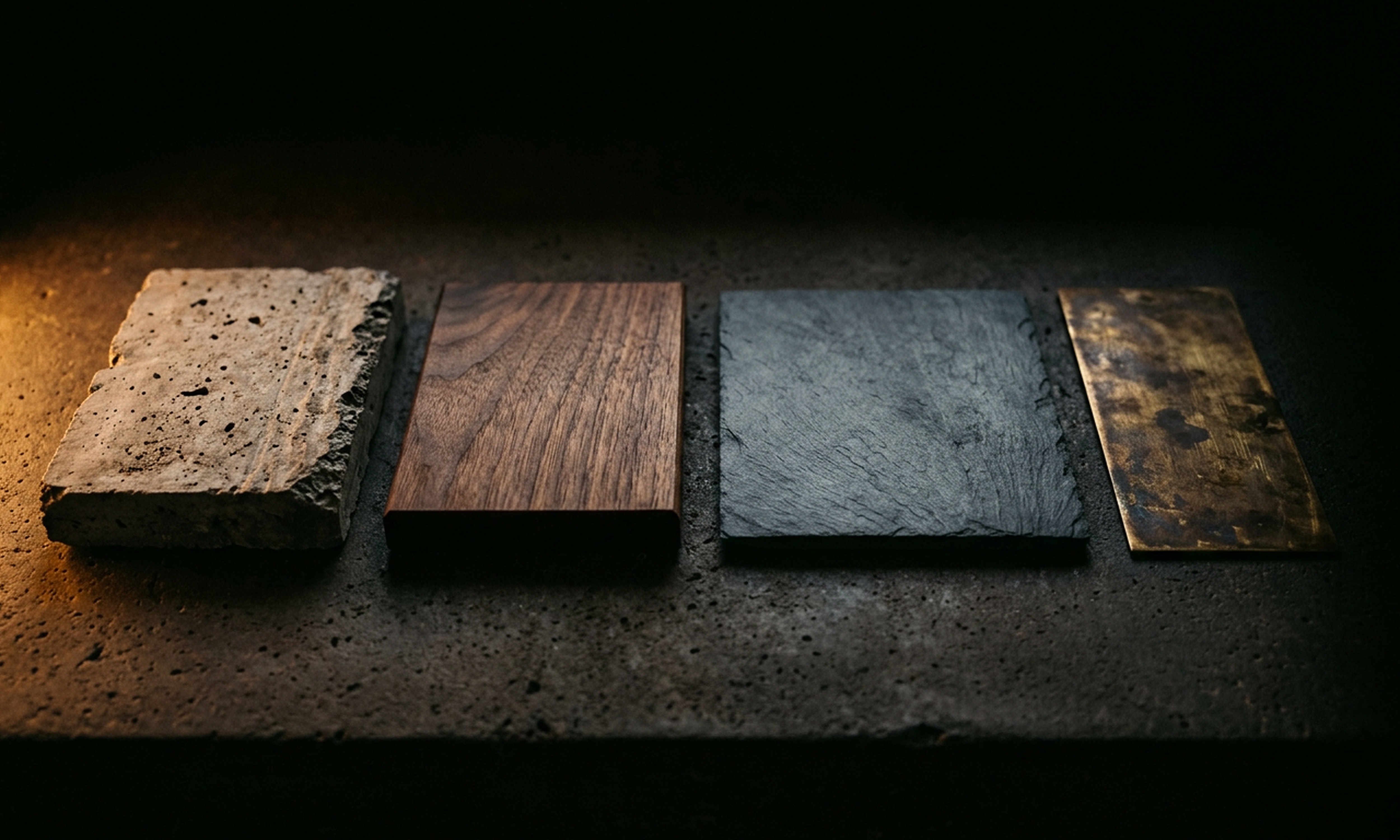 Material samples — concrete, timber, stone, brass — arranged in a precise row under warm raking light