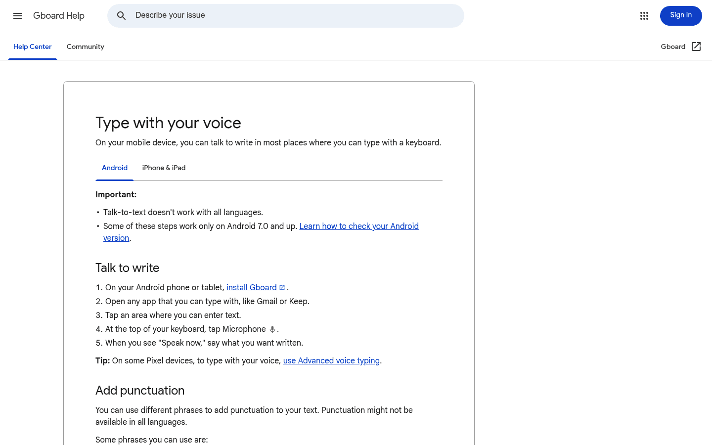 Gboard Voice Typing official page or support page screenshot