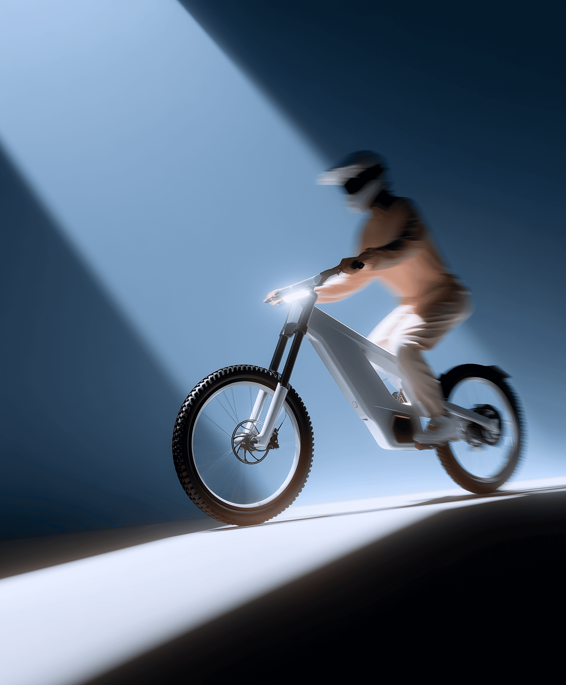 A rider on a sleek electric bike in a dramatic, futuristic setting with beams of light and a minimalist blue background.