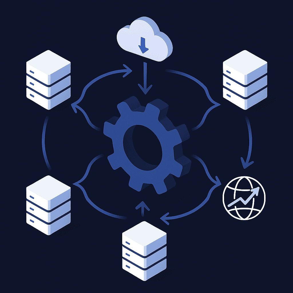 Diagram showing automation gear syncing bidirectionally with multiple CMS icons and feeding updated content to the web.