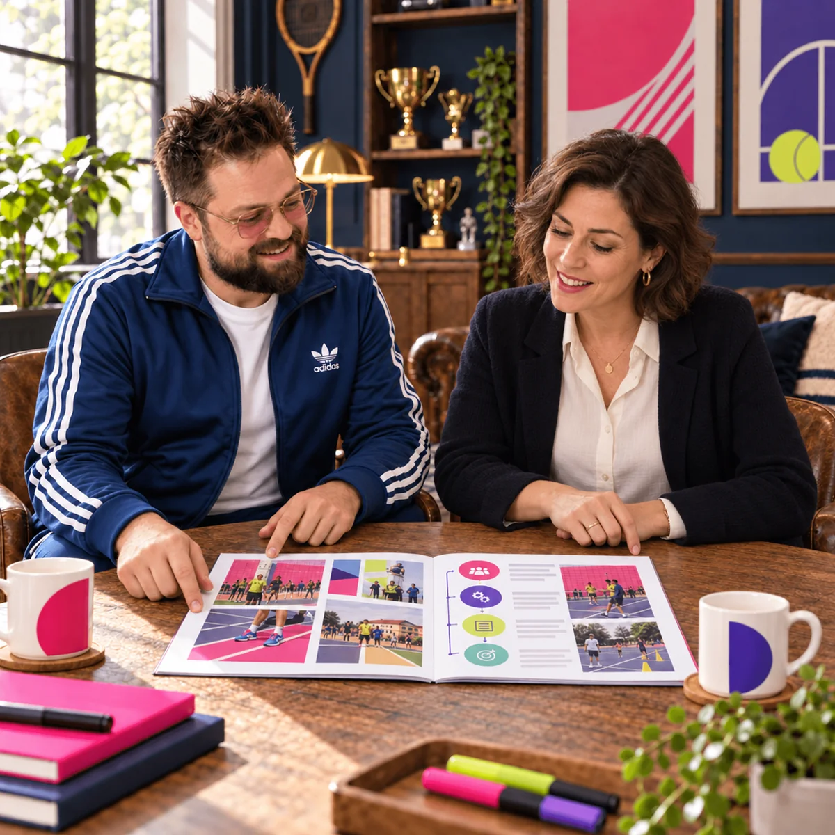 Anthony and Morgane review an open strategy guide laid flat on a table.