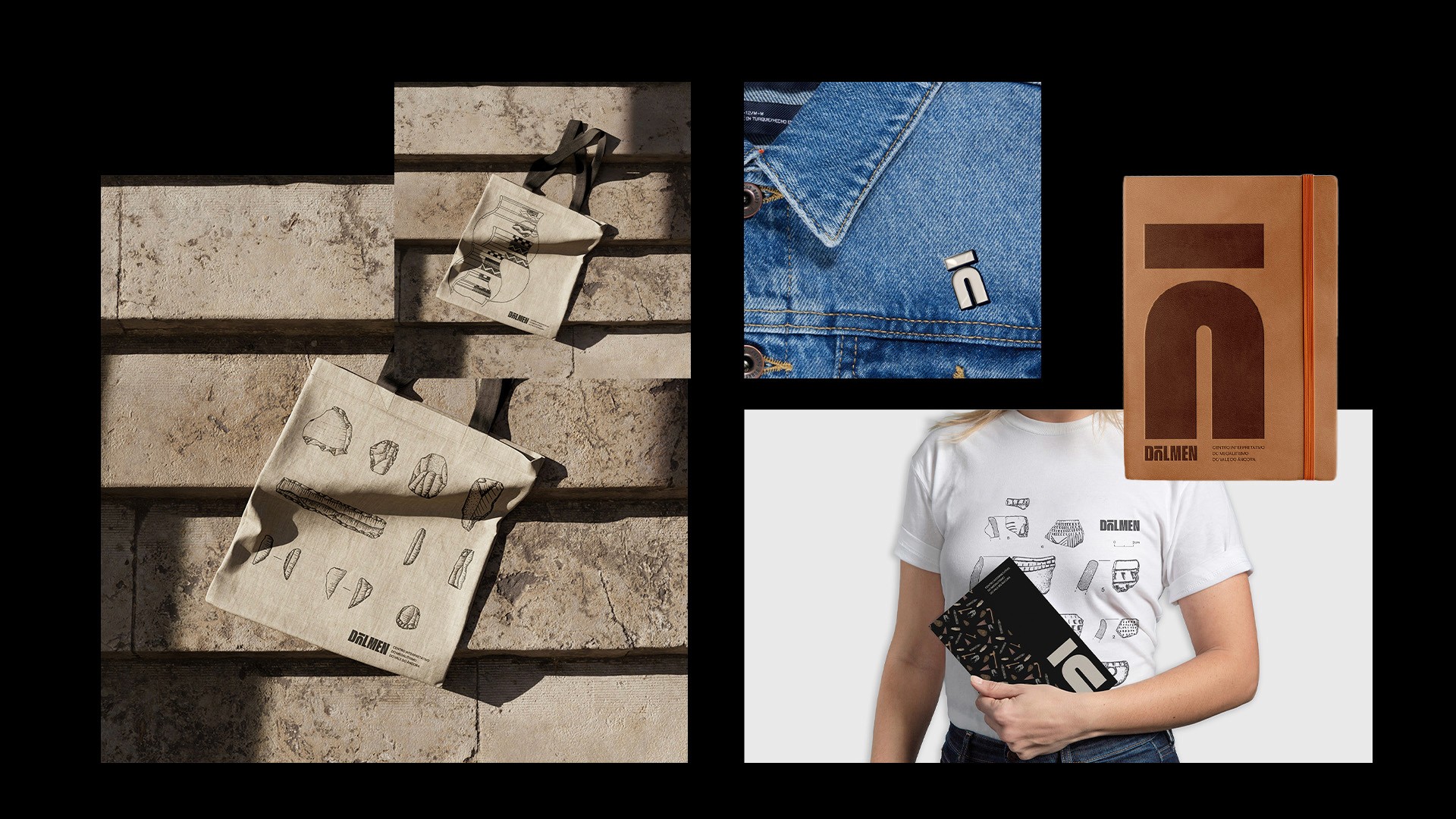 Dolmen branded merchandise: canvas tote bag, enamel lapel pin, leather notebook and printed t-shirt 
