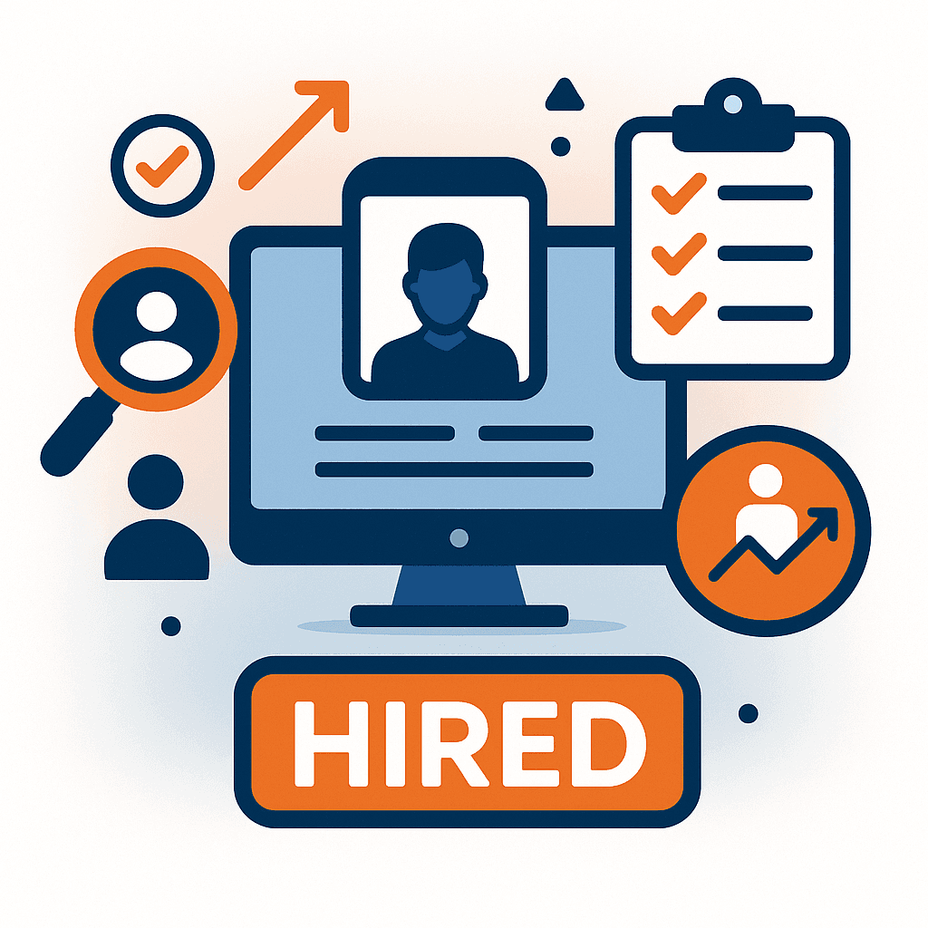 Flat-style illustration showing a recruitment and hiring process with a computer displaying a candidate profile, a magnifying glass, checklist, growth icon, and a large “HIRED” button, representing interviewing and onboarding new team members.