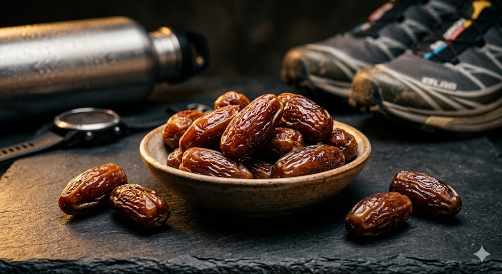 A close-up photograph of a small ceramic bowl filled with dark, textured dates on a black slate surface. In the background, a stainless steel water bottle, a fitness tracker, and a pair of running shoes are visible, suggesting a pre-workout energy snack.
