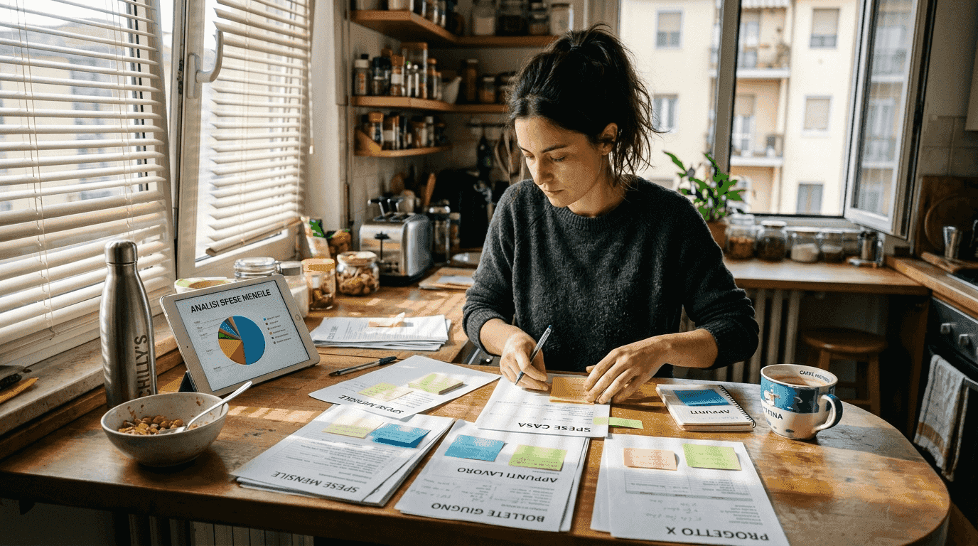 Giovane donna alle prese con l’organizzazione del proprio portafoglio di investimenti, visualizzando strategie e dati in modo chiaro e intuitivo.