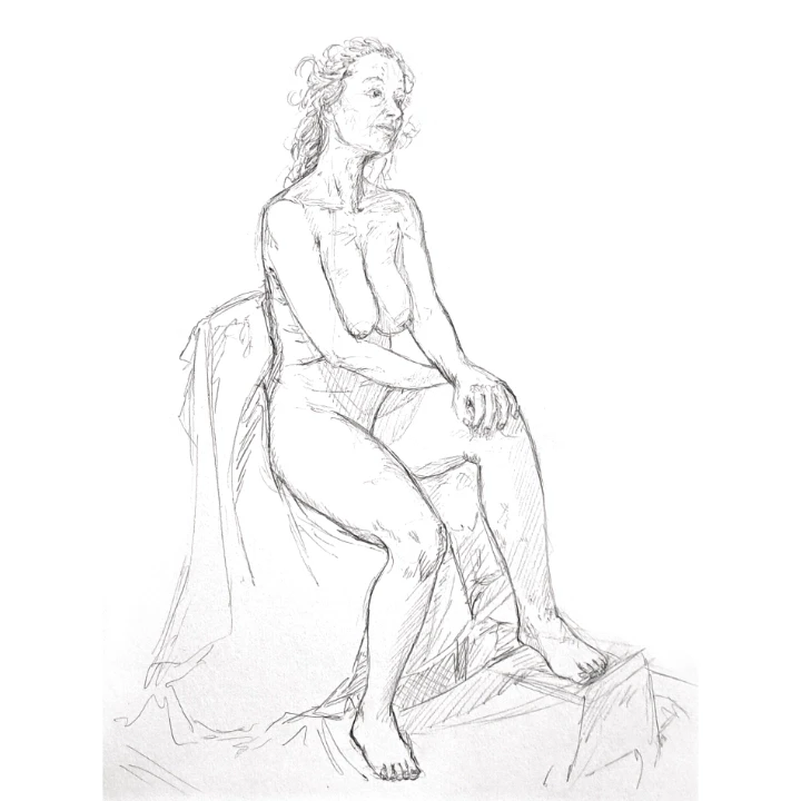 Life drawing of a middle aged woman, sitting on fabric draped over a chair