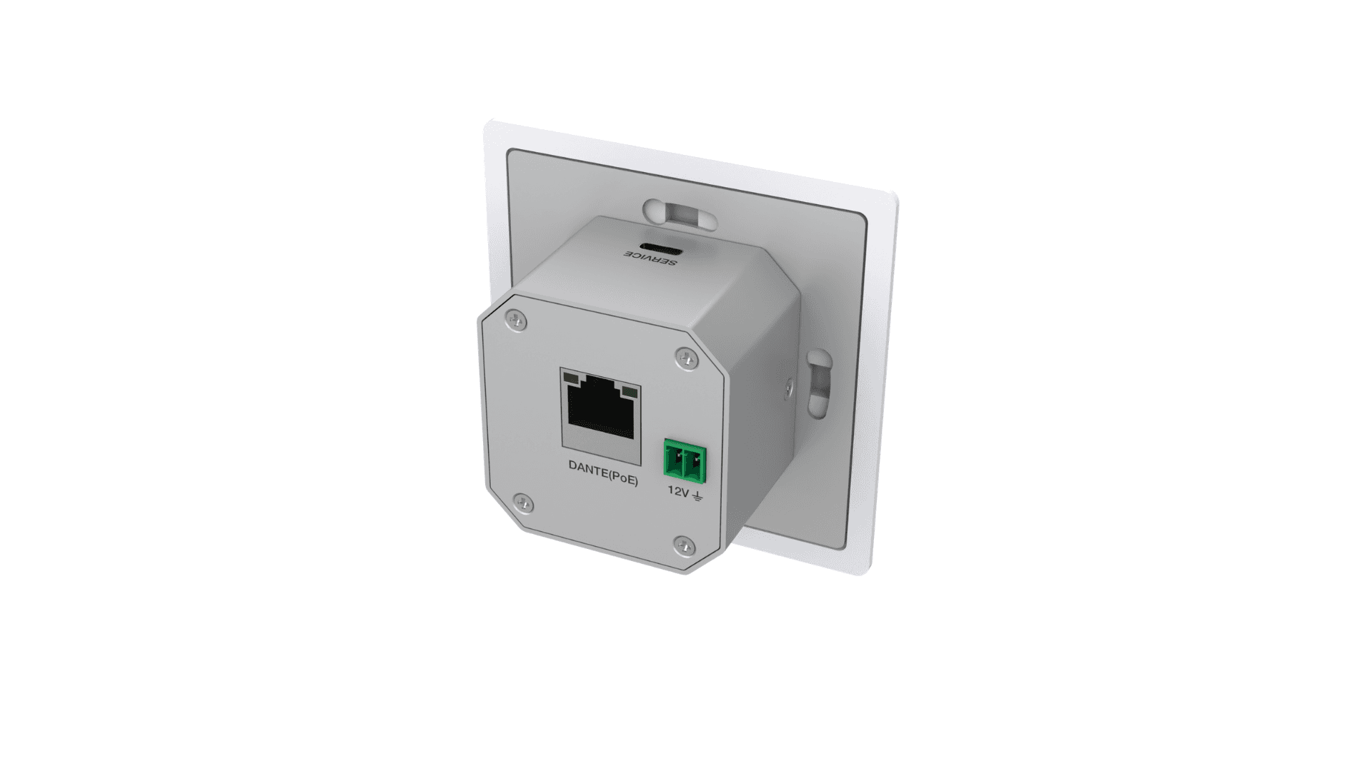 Dante PoE wall-mount device with RJ45 and 12V connectors