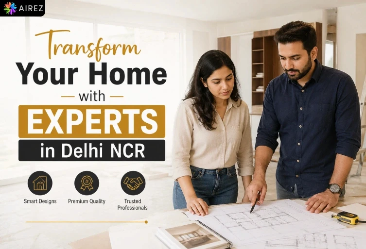 A professional marketing banner for Airez home transformation services in Delhi NCR. The image features a male architect and a female client reviewing a house floor plan on a desk. Text overlays include the headline "Transform Your Home with EXPERTS in Delhi NCR" and three icons highlighting "Smart Designs," "Premium Quality," and "Trusted Professionals."