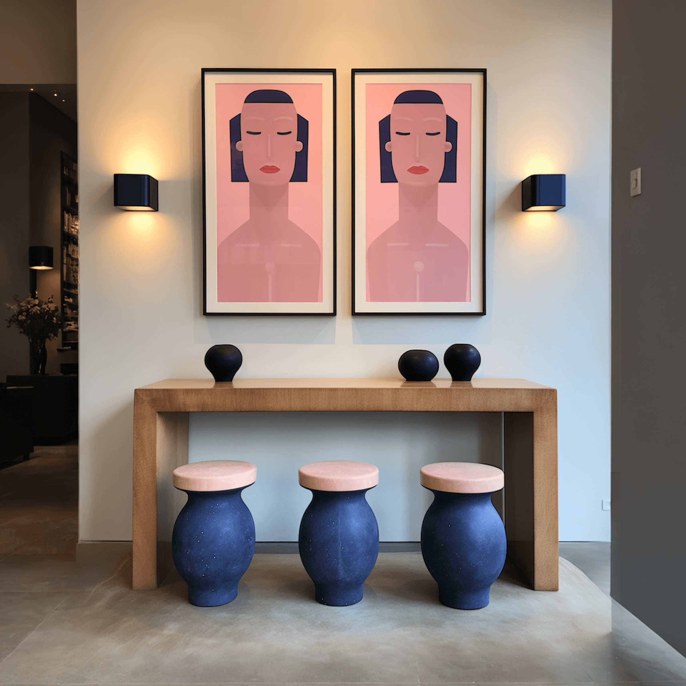 A modern interior featuring a wooden console table, blue stools, and framed artwork of stylized faces on the wall.