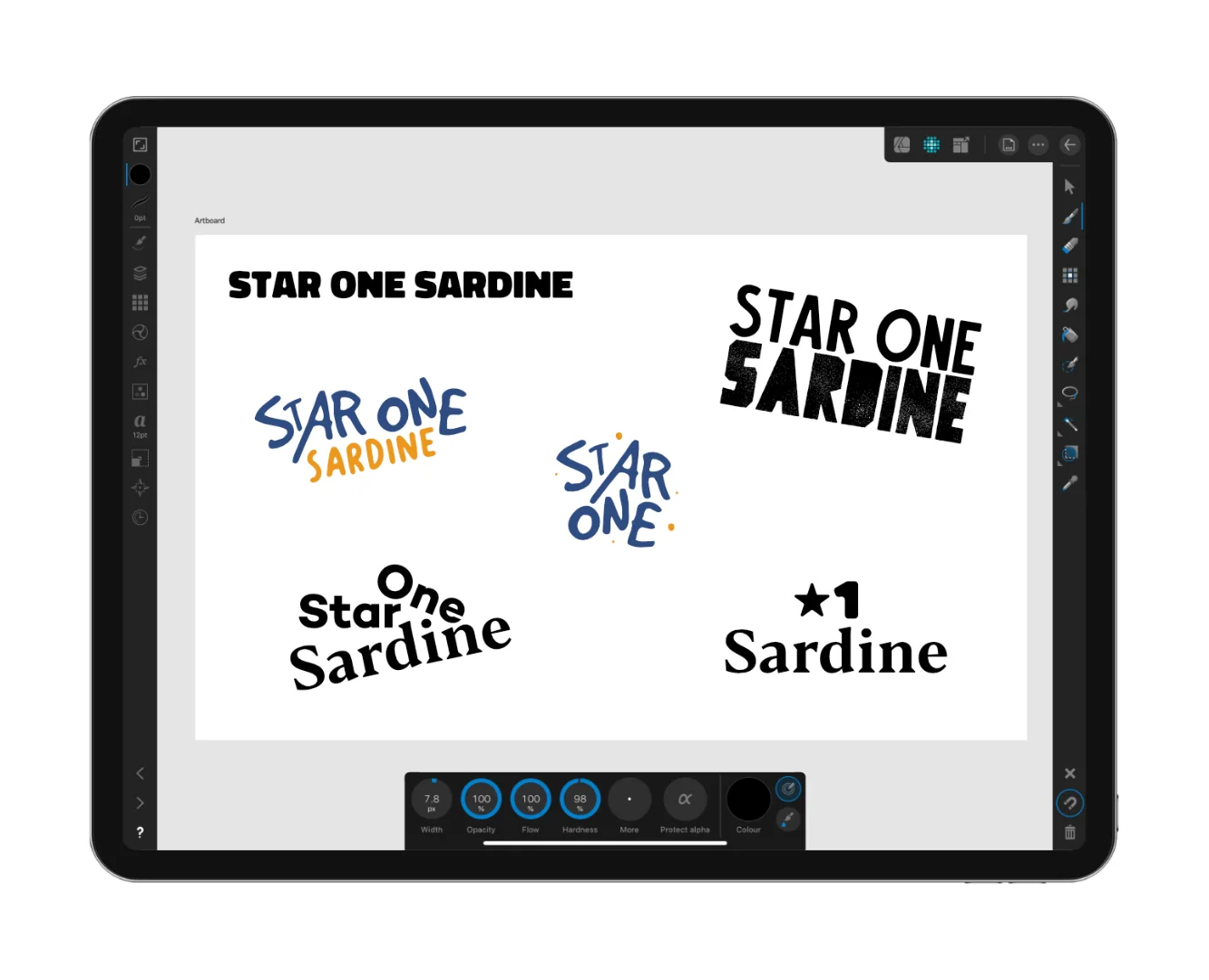 Logo and typography exploration for Star One Sardines by Andrew Salfinger, featuring custom hand-lettered and bold sans-serif wordmarks on an iPad artboard.