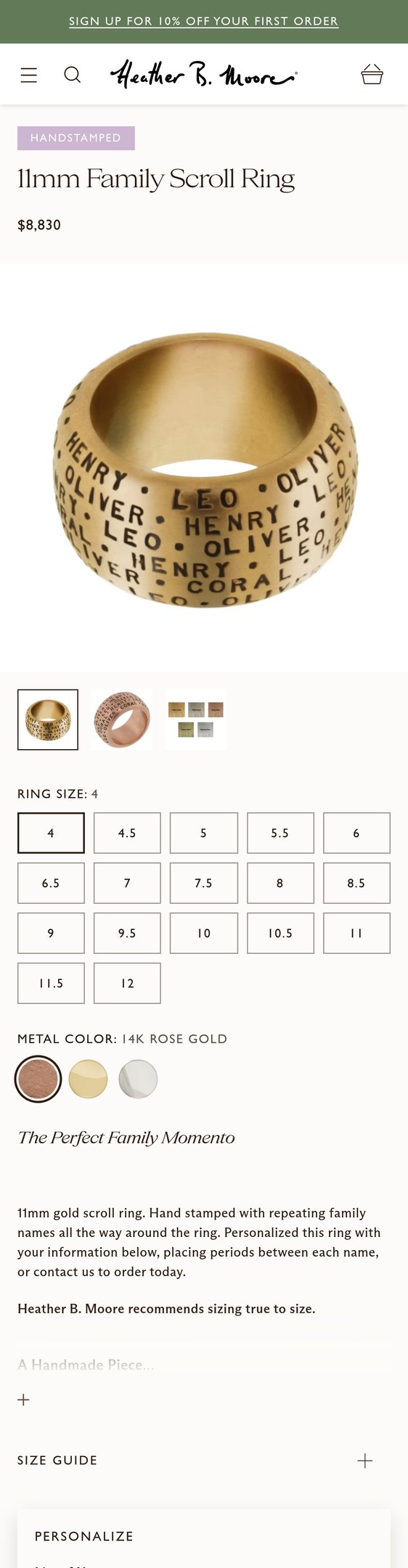 Jewelry product options include: ring for 11mm Family Scroll Ring from Heather B. Moore.