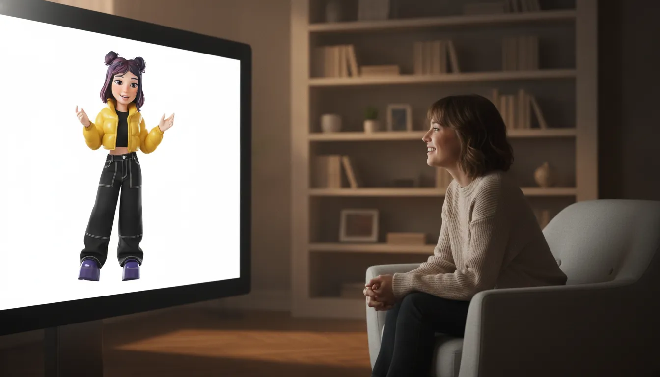 An animated AI character speaking with expressive gestures while a person listens