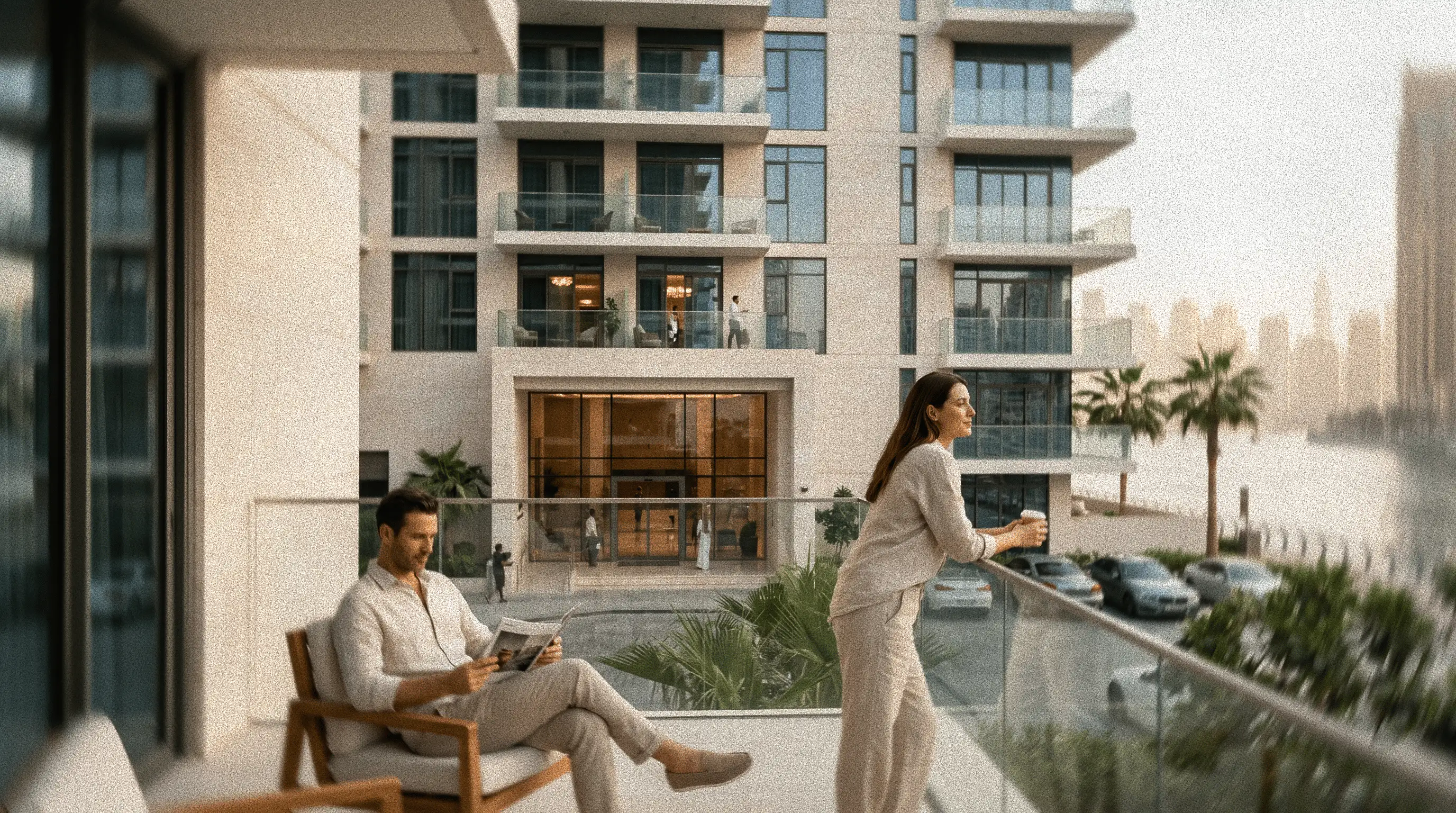 Pareja en un balcón de apartamento moderno en Dubái con vista al canal.