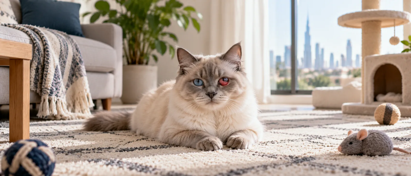 A Ragdoll cat with visible redness and swelling in the corner of one eye.