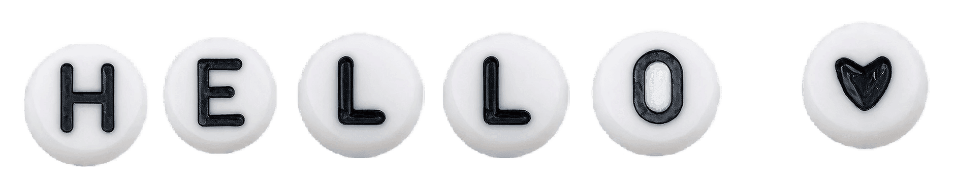 White, round candies each featuring a black letter, spelling the word "HELLO" with a heart symbol at the end, on a plain background.