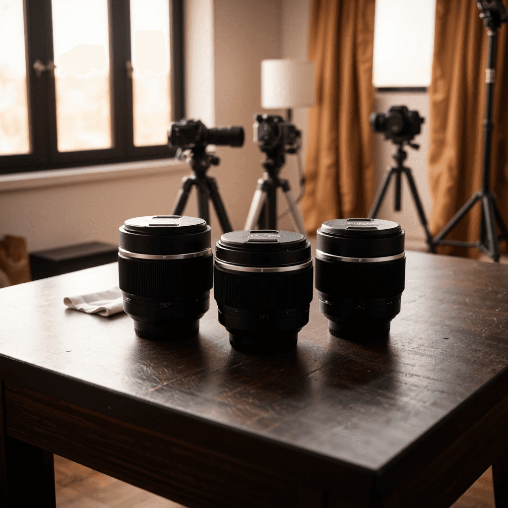 product photography of set of camera lenses