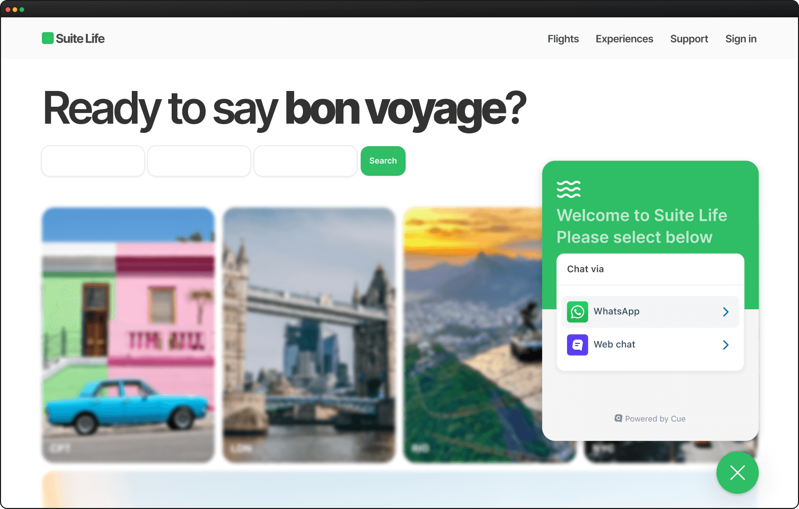 Screenshot of Suite Life travel website. Highlights chat window with options for WhatsApp and web chat support, alongside destination images and search bar.