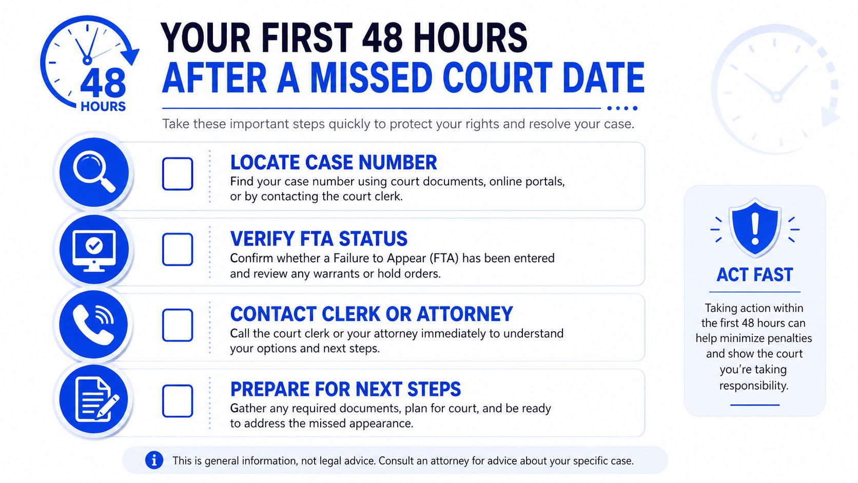 An infographic titled Your First 48 Hours After a Missed Court Date outlining steps to take.