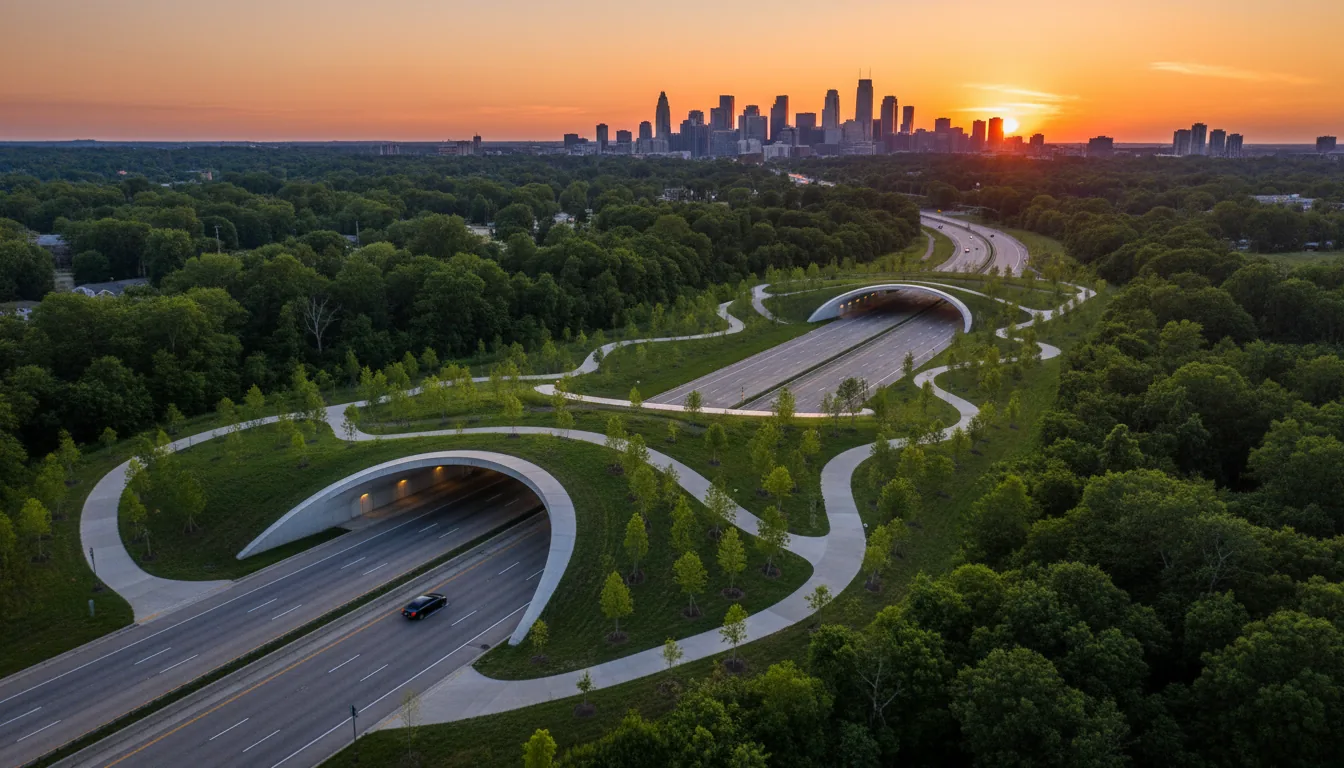 Drone shot, wide-angle photograph of a modern architectural land bridge park over a highway, captured during golden hour. The bridge features a sprawling green roof with lush grass, young trees, and curving concrete pedestrian walkways. Two large, smooth white concrete arched tunnels pass underneath the park, with a single black car driving through one. In the distance, a city skyline with skyscrapers is silhouetted against a vibrant orange sunset. The entire landscape is filled with dense green forests and rolling hills, captured in sharp focus with warm, natural daylight.