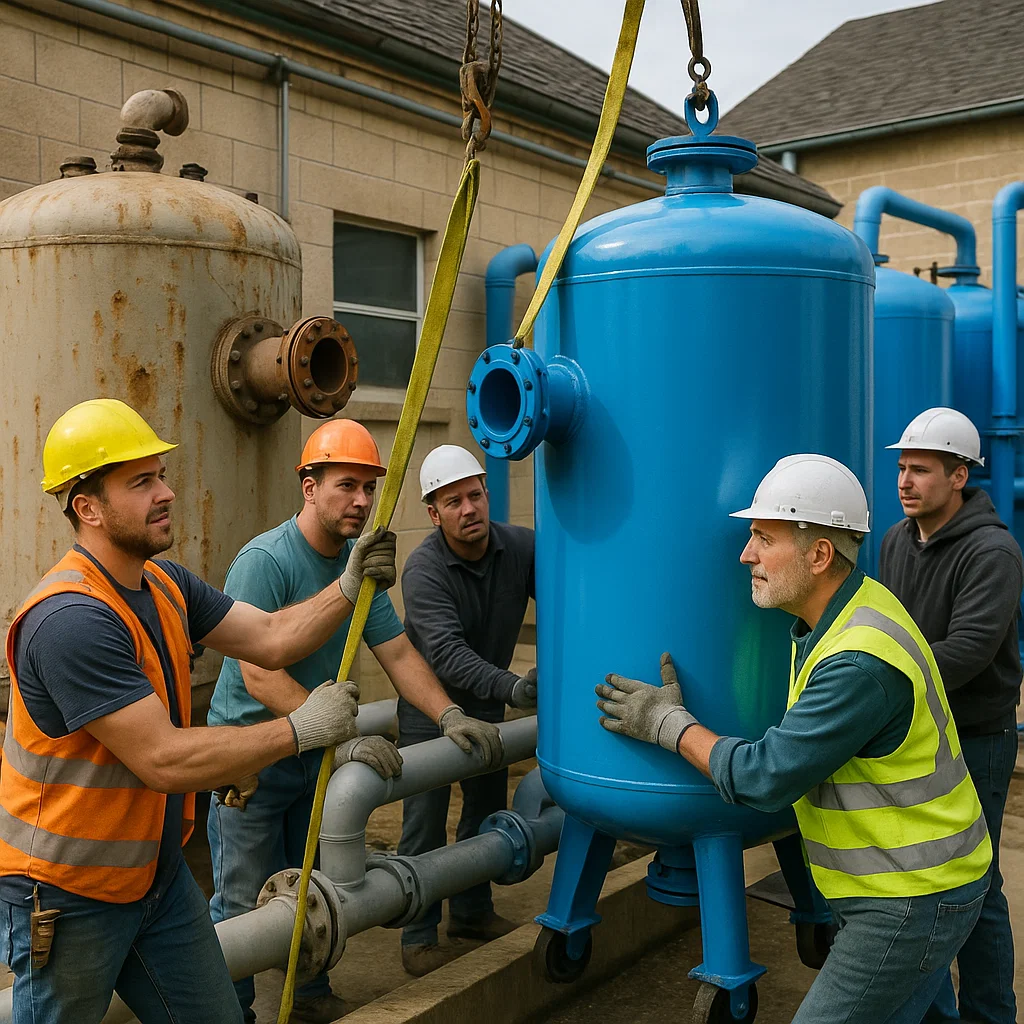 Construction scene of a rural water utility upgrading its filtration system, illustrating a small municipal water plant undergoing infrastructure improvements.