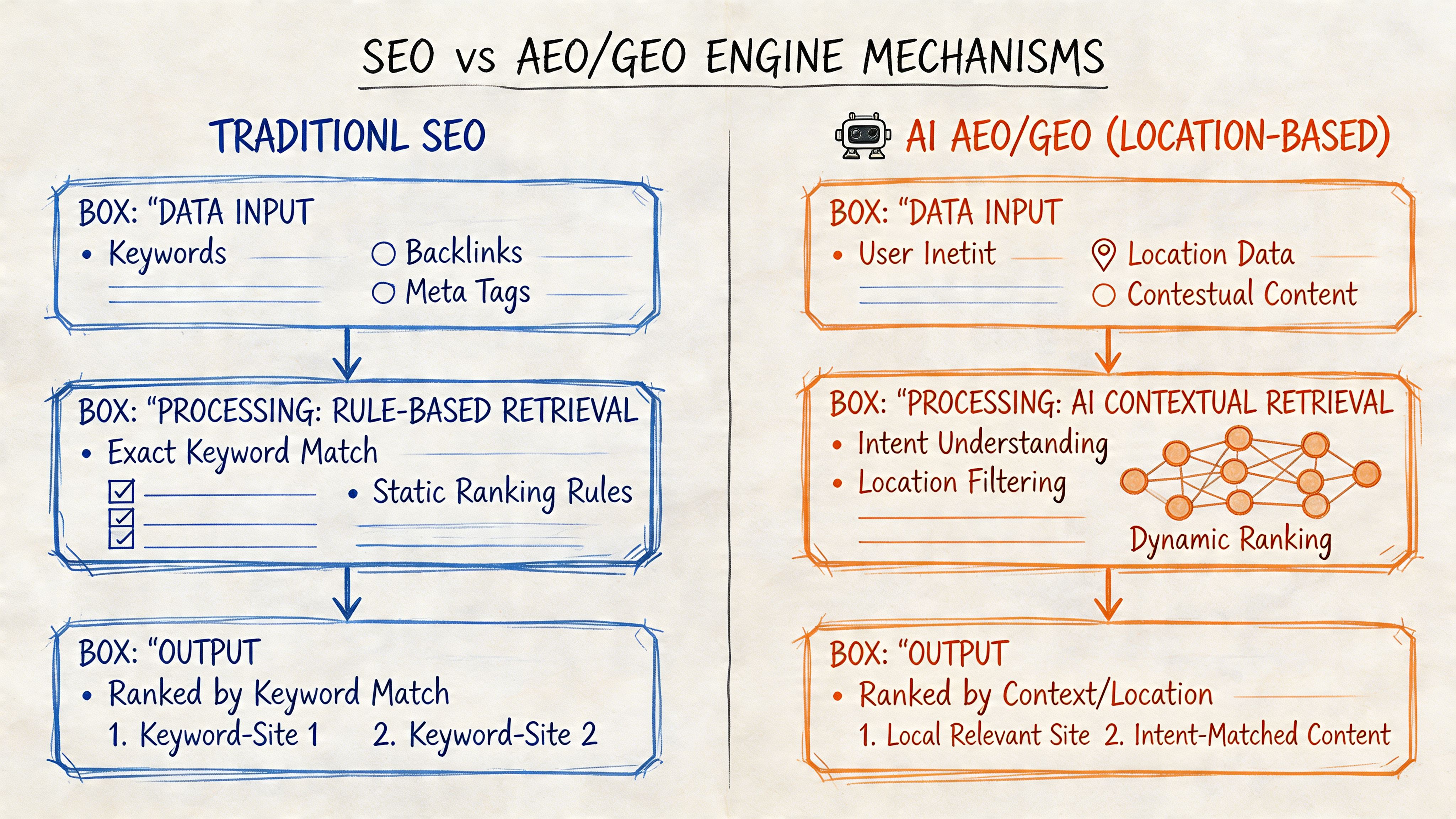 A diagram comparing traditional SEO mechanisms with AI-driven AEO and GEO location-based search engine processes.