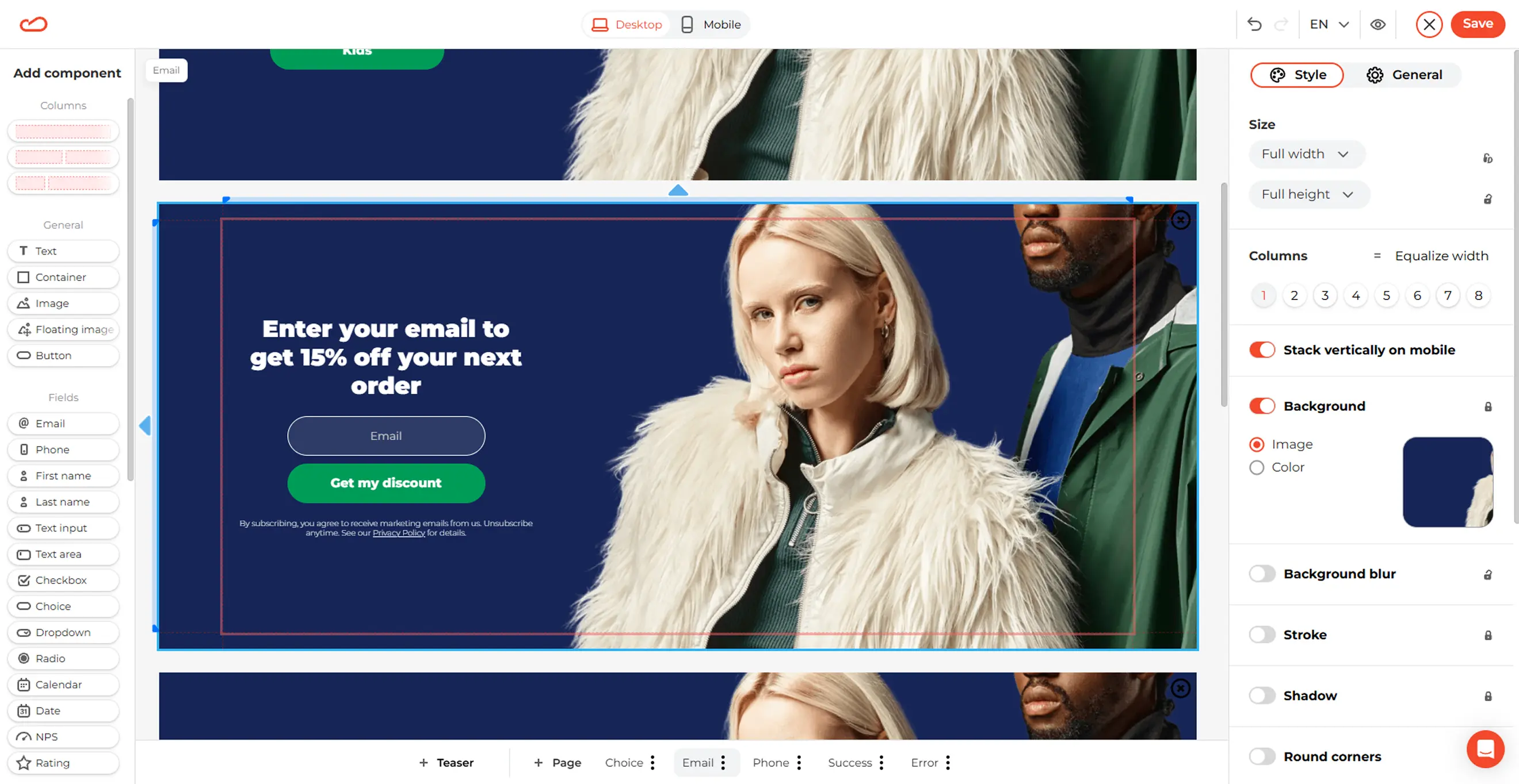 Claspo editor showing the design settings for a multi-step fashion popup