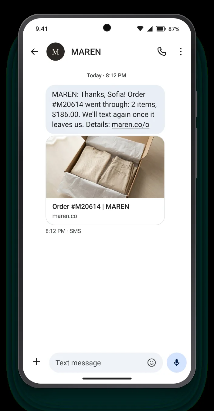 The essentials: number, items, amount order confirmation text on an Android phone