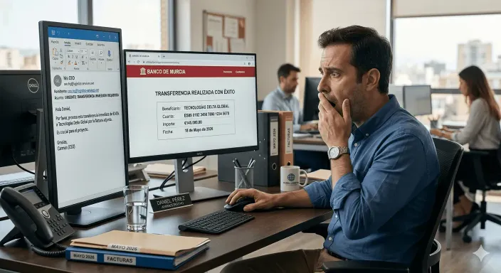 Empleado de administración realizando un pago bancario a la cuenta de los ciberdelincuentes tras sufrir Ingeniería Social.