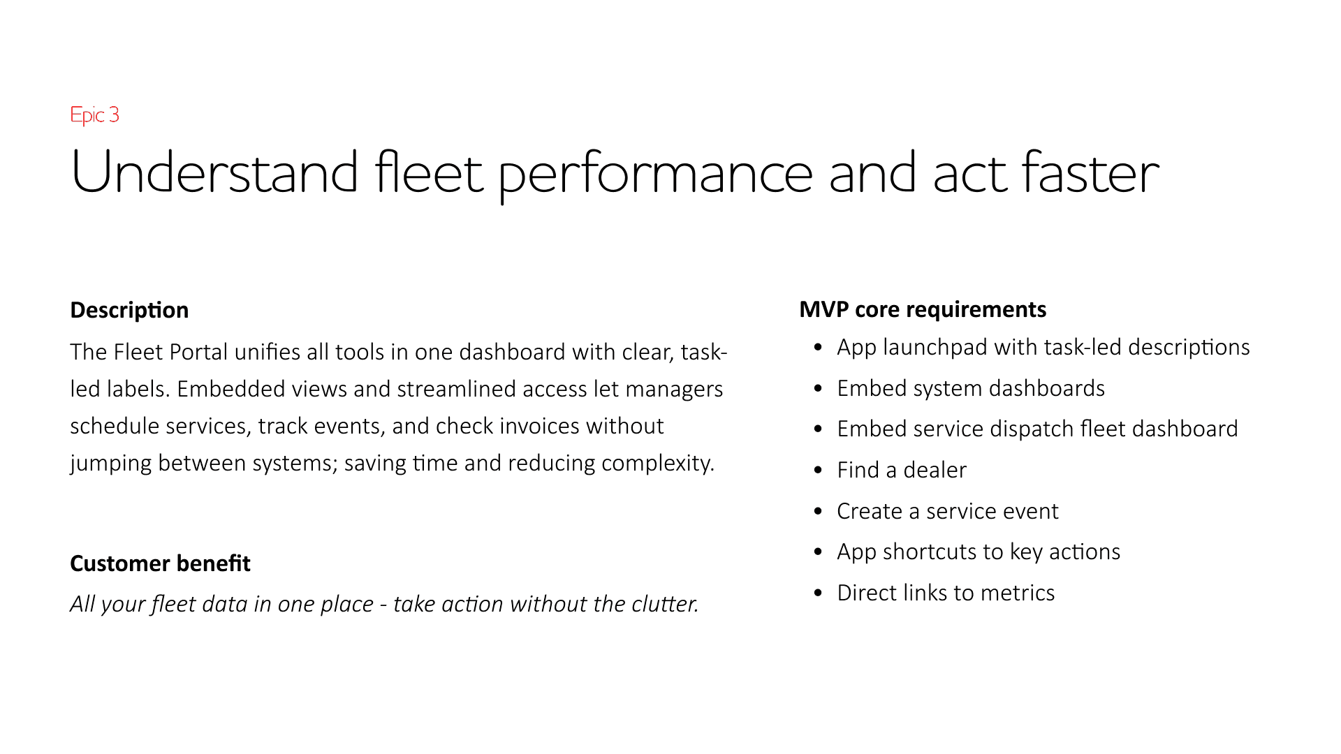 Slide summarising Epic 3 including description, requirements, and customer benefit