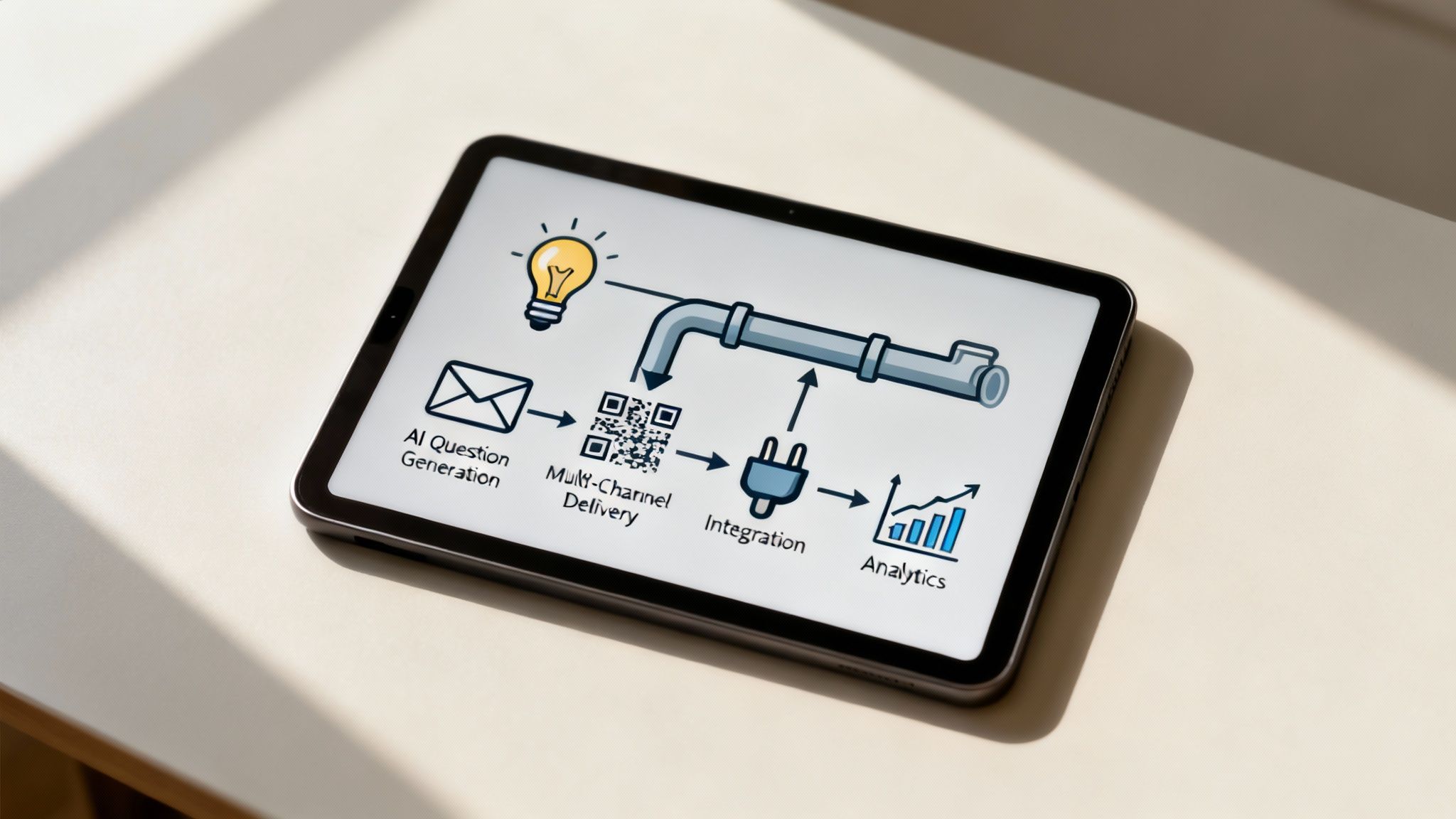 A tablet displays a diagram showing a workflow from AI question generation to analytics.