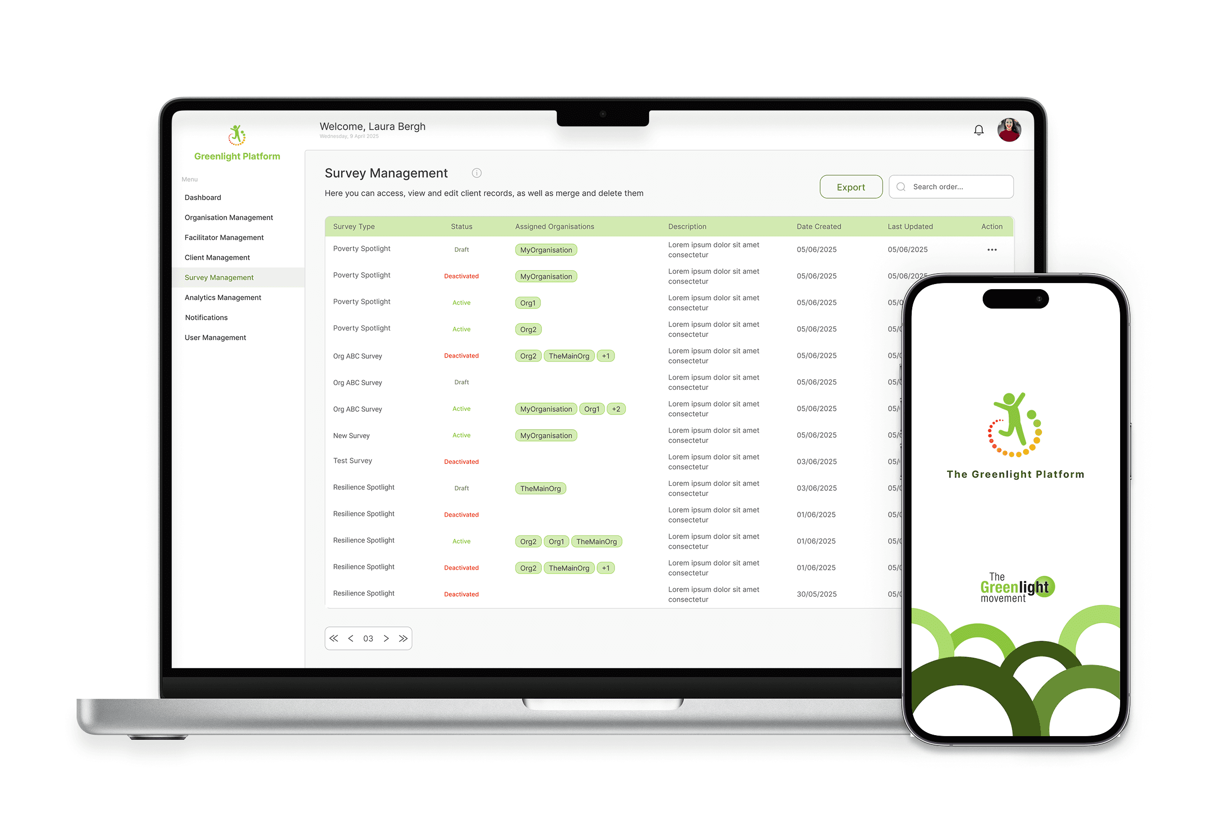 Laptop and phone displaying survey management software interface.  The software shows a list of surveys, their status, and response data.