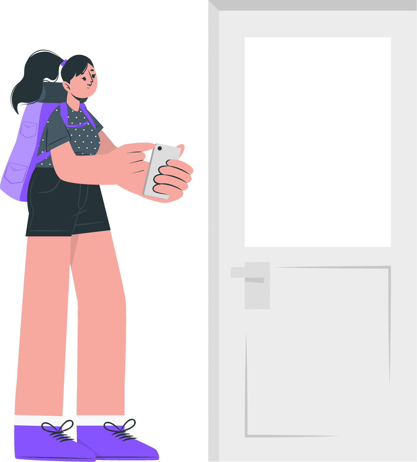 Illustration of a person with a purple backpack holding a phone in front of a tall door