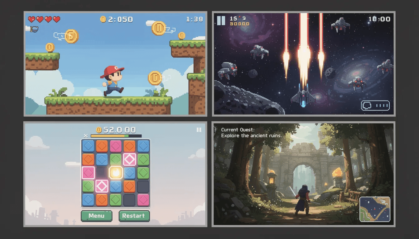 The image displays a grid of four game screenshots, showcasing a platformer with vibrant characters, a space shooter featuring stunning visuals of spacecraft, a puzzle game with engaging mechanics, and an adventure game set in a richly detailed world. Each screenshot represents different art styles and game concepts that highlight the creativity and fun of game development.