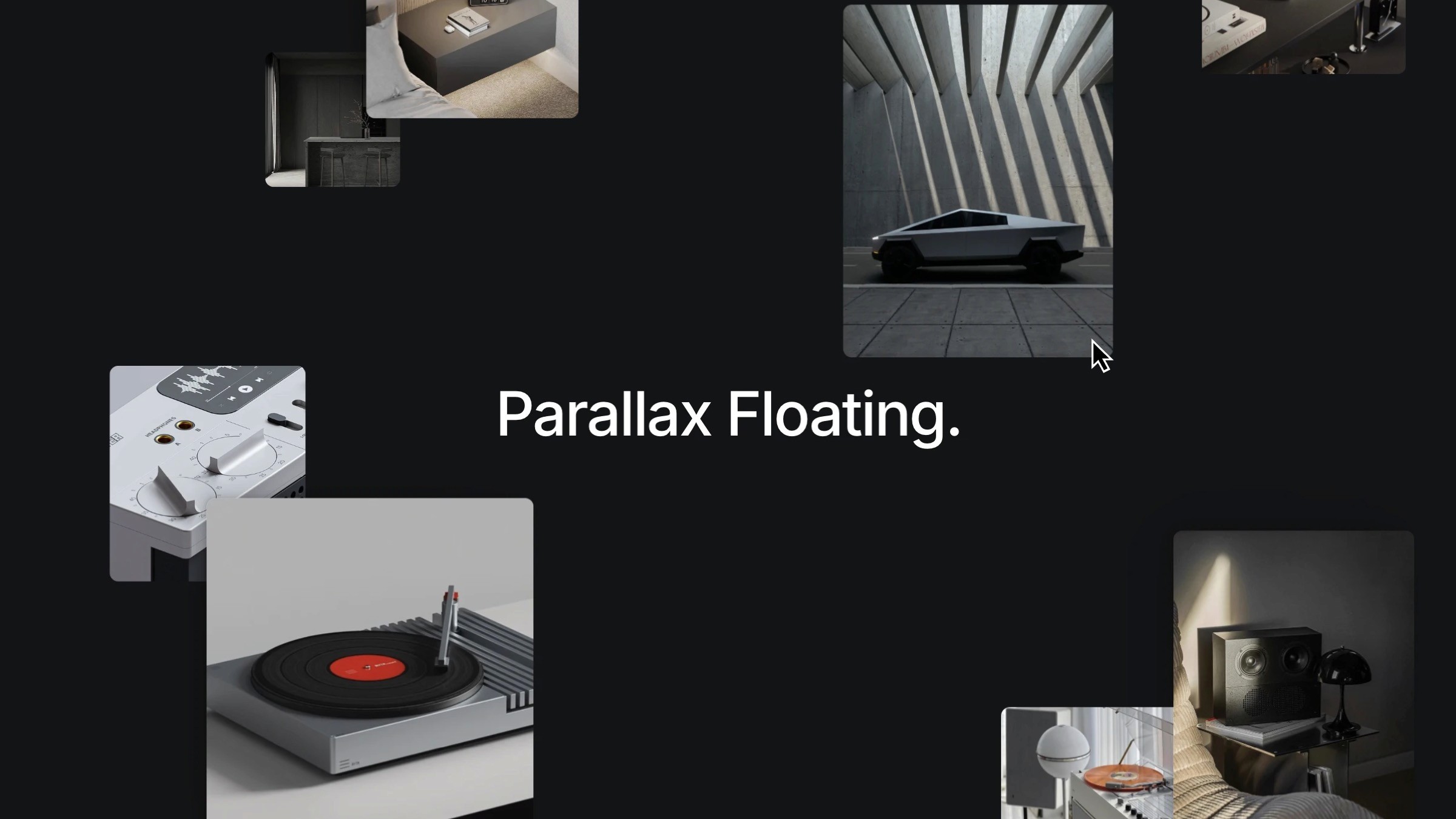 Parallax floating effect with layered images of gadgets, furniture, and a futuristic vehicle