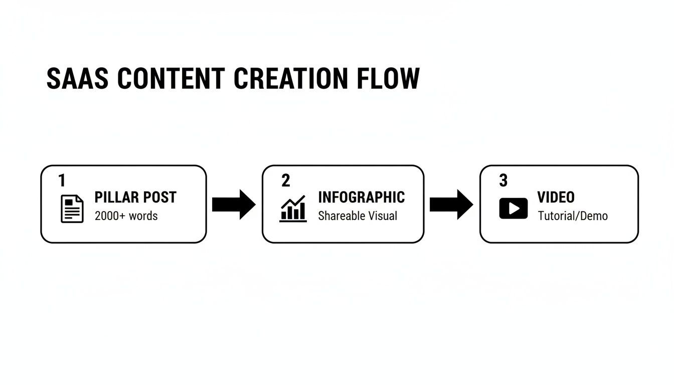 Flowchart illustrating a SaaS content creation process, moving from a pillar post to an infographic, then to a video.