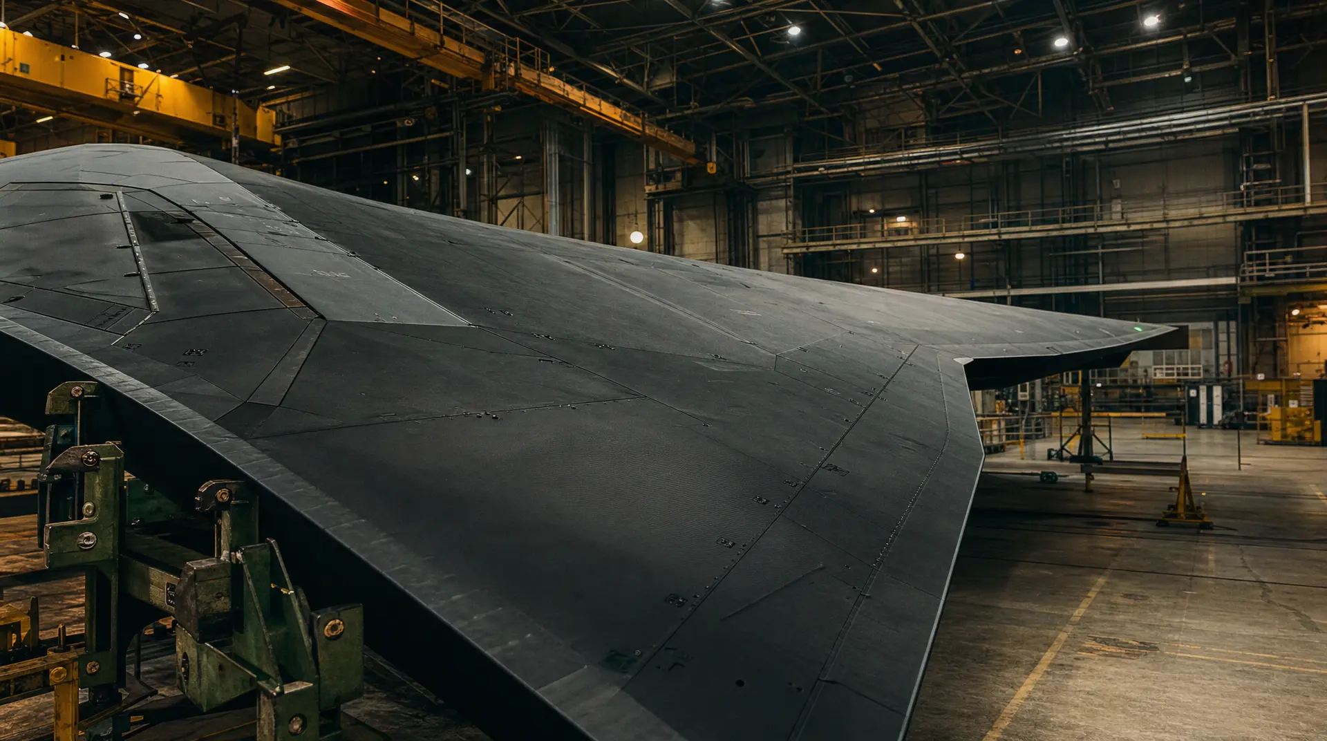 A metal aircraft wing rests in a large hangar, reflecting airline visual identity planning.