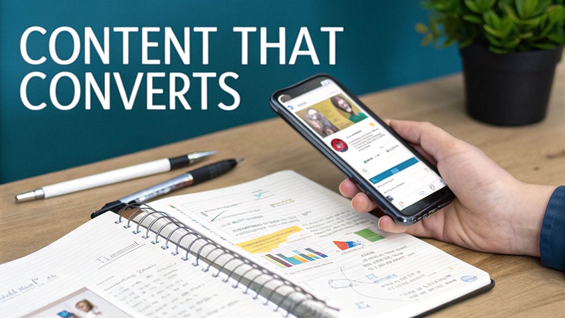 A hand holds a smartphone showing a social media feed next to a notebook with content strategy notes.