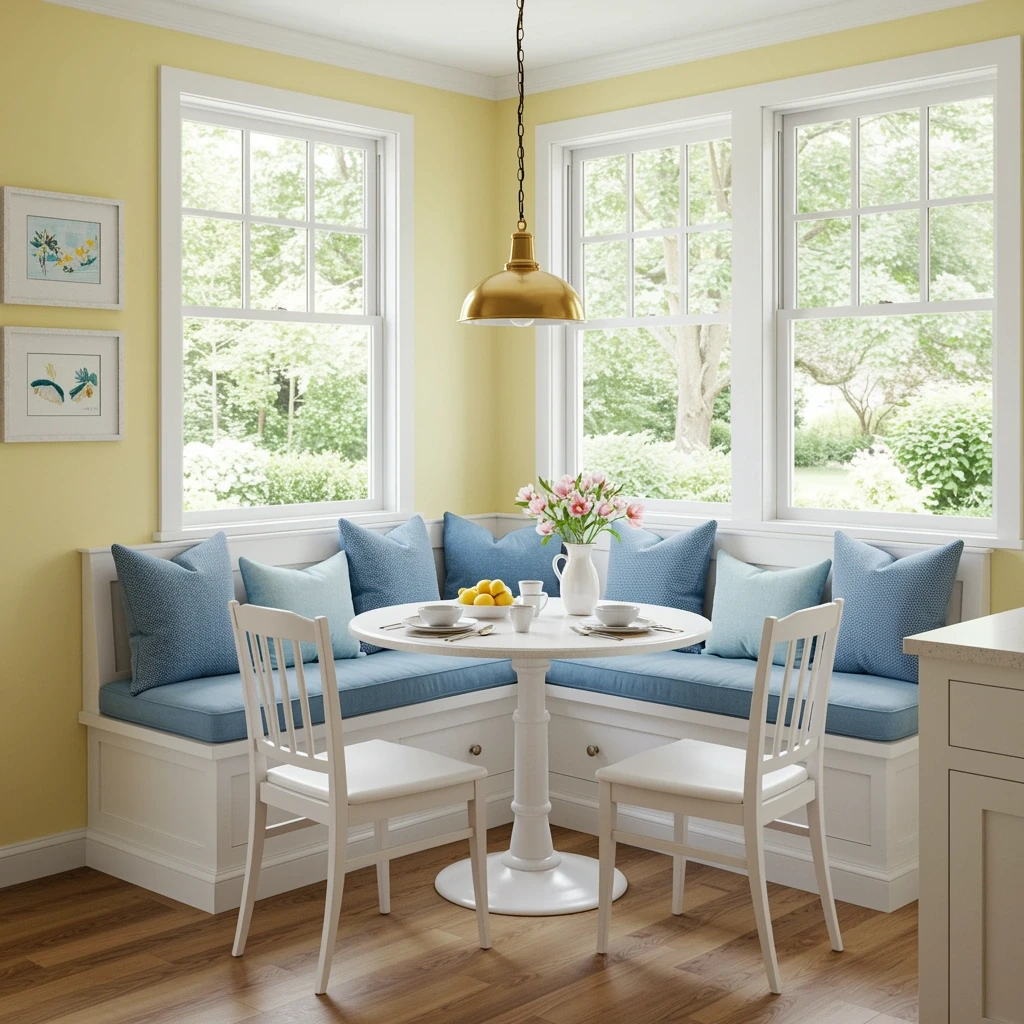 Charming breakfast nook featuring yellow walls, built-in seating, and garden views