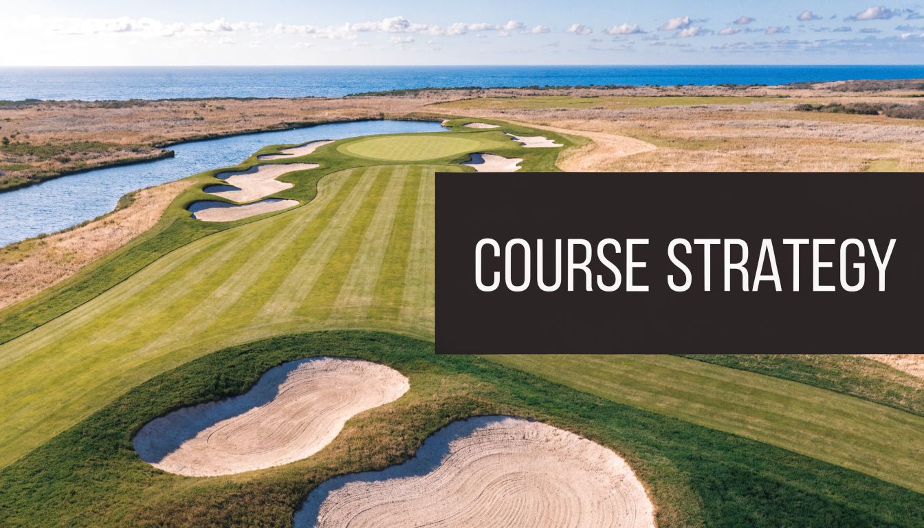 An aerial view of a scenic coastal golf course hole featuring sand bunkers, green grass, and water.