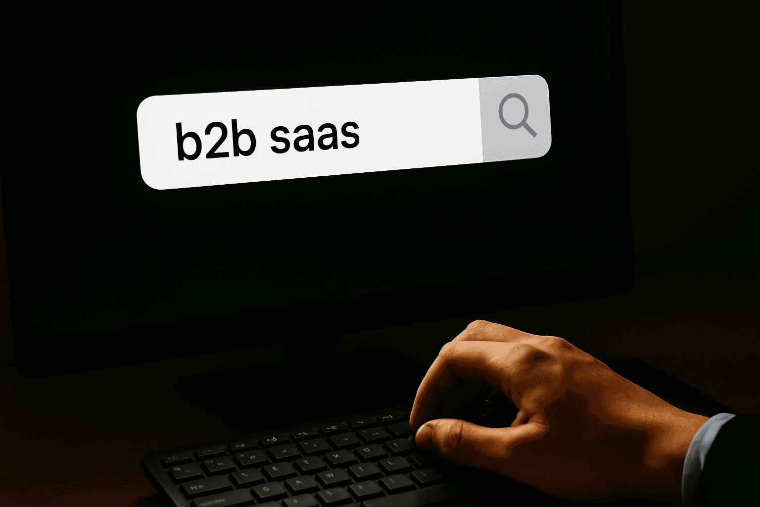 Hand typing on a keyboard with a glowing search bar displaying 'b2b saas'