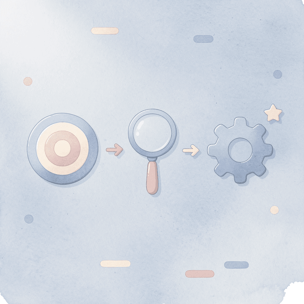 Three icons showing target, magnifying glass, and gear representing strategic workflow