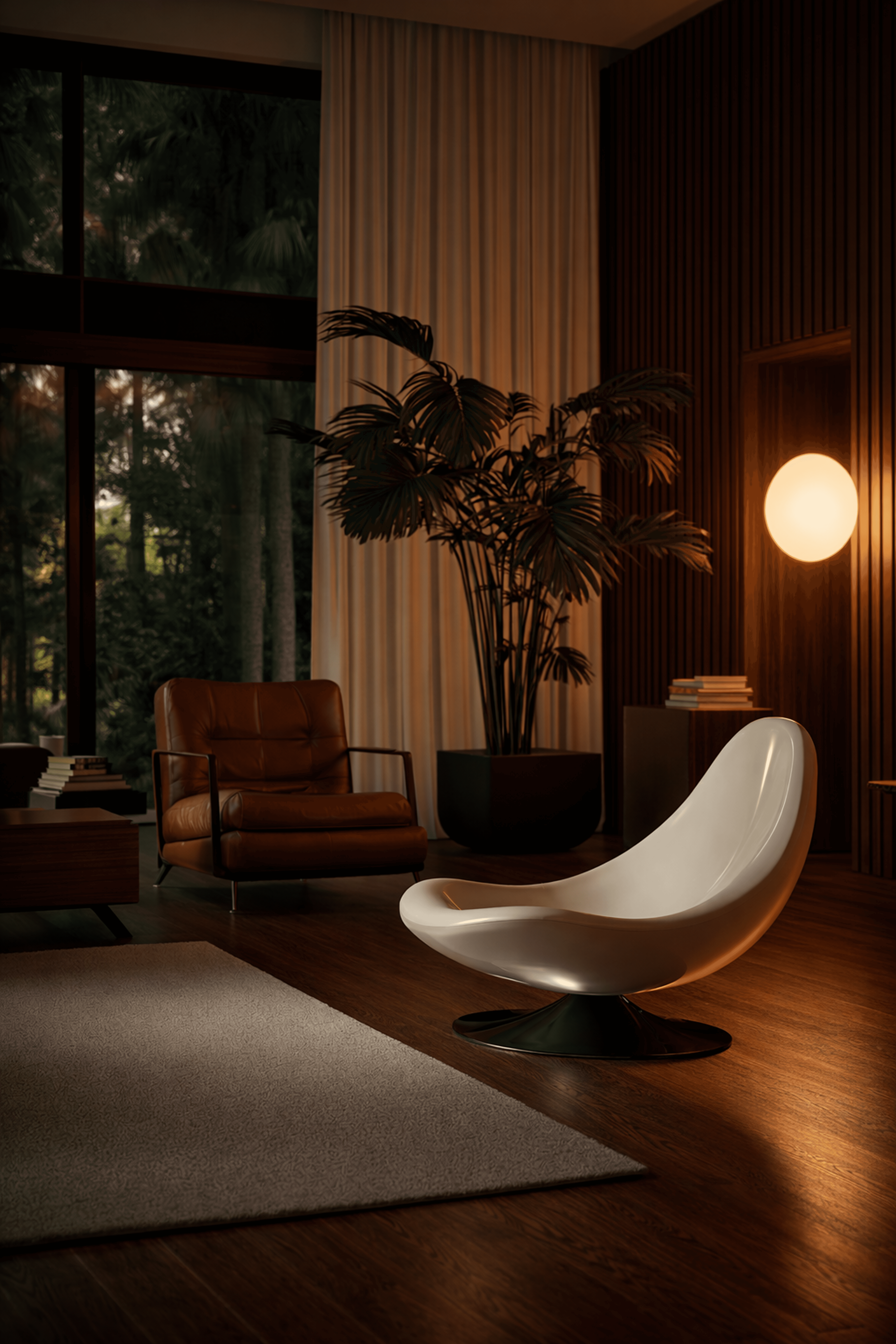 Moody modern living room with lounge chairs, lamp.