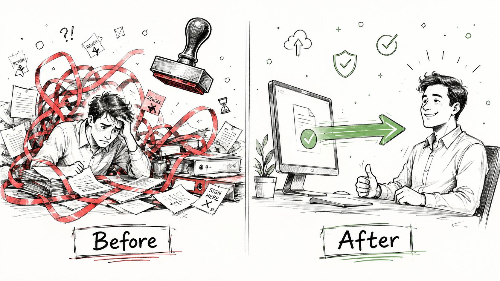 A split image contrasting a stressed employee struggling with paperwork versus a happy employee using digital automation.