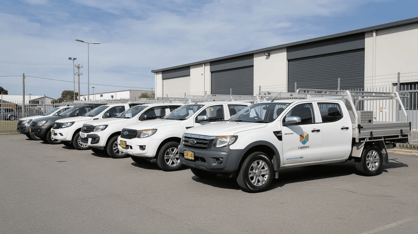 The image shows a row of commercial vehicles, including utes and vans, parked in a business lot, indicating a space where local businesses operate and serve their target customers. This setting reflects the practical aspects of starting a business, such as managing startup costs and maintaining a professional image.