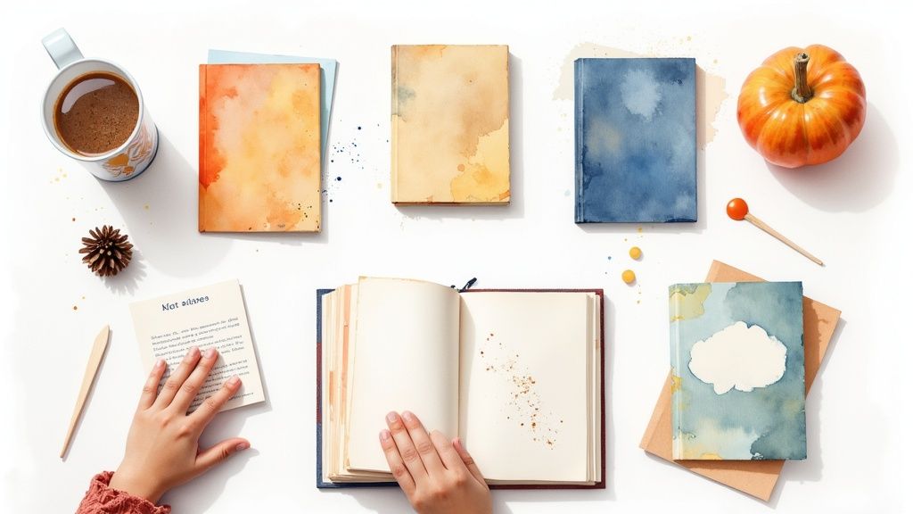 A top-down view of autumn reading essentials: books, coffee, a pumpkin, and hands turning pages.