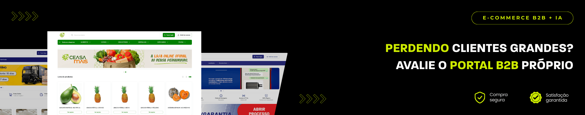 Banner horizontal com fundo escuro, ícones de segurança e satisfação, e imagens de lojas B2B exibidas à esquerda. Elementos gráficos em verde destacam o tema de e-commerce B2B com IA.