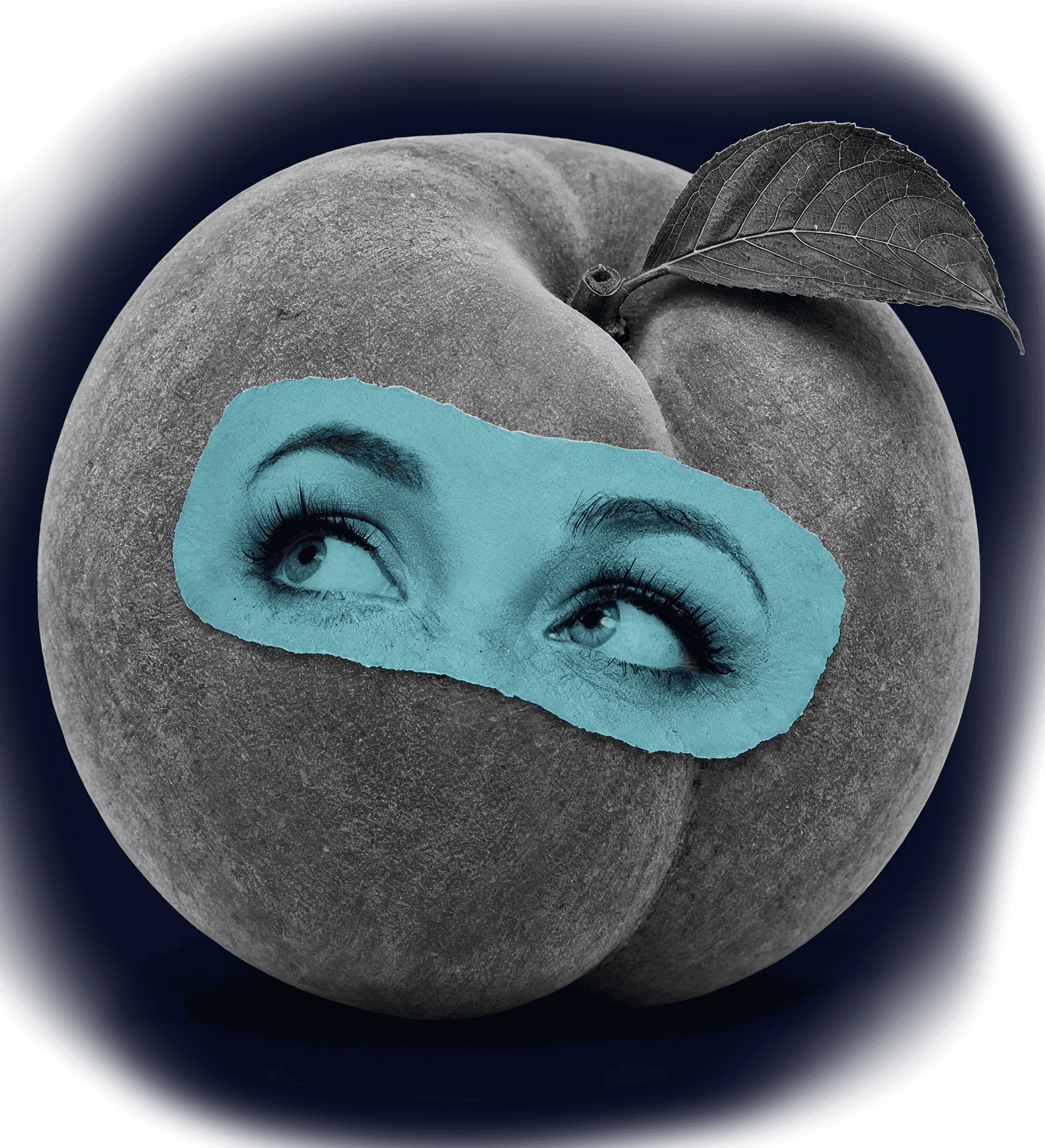Grey peach illustration wearing a teal sleep mask over its eyes