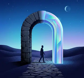 Person walking through stone and crystal arch